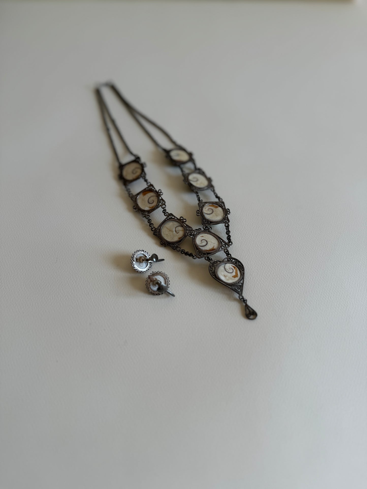 Late 19th c. Operculum Shell Necklace and Earring Set