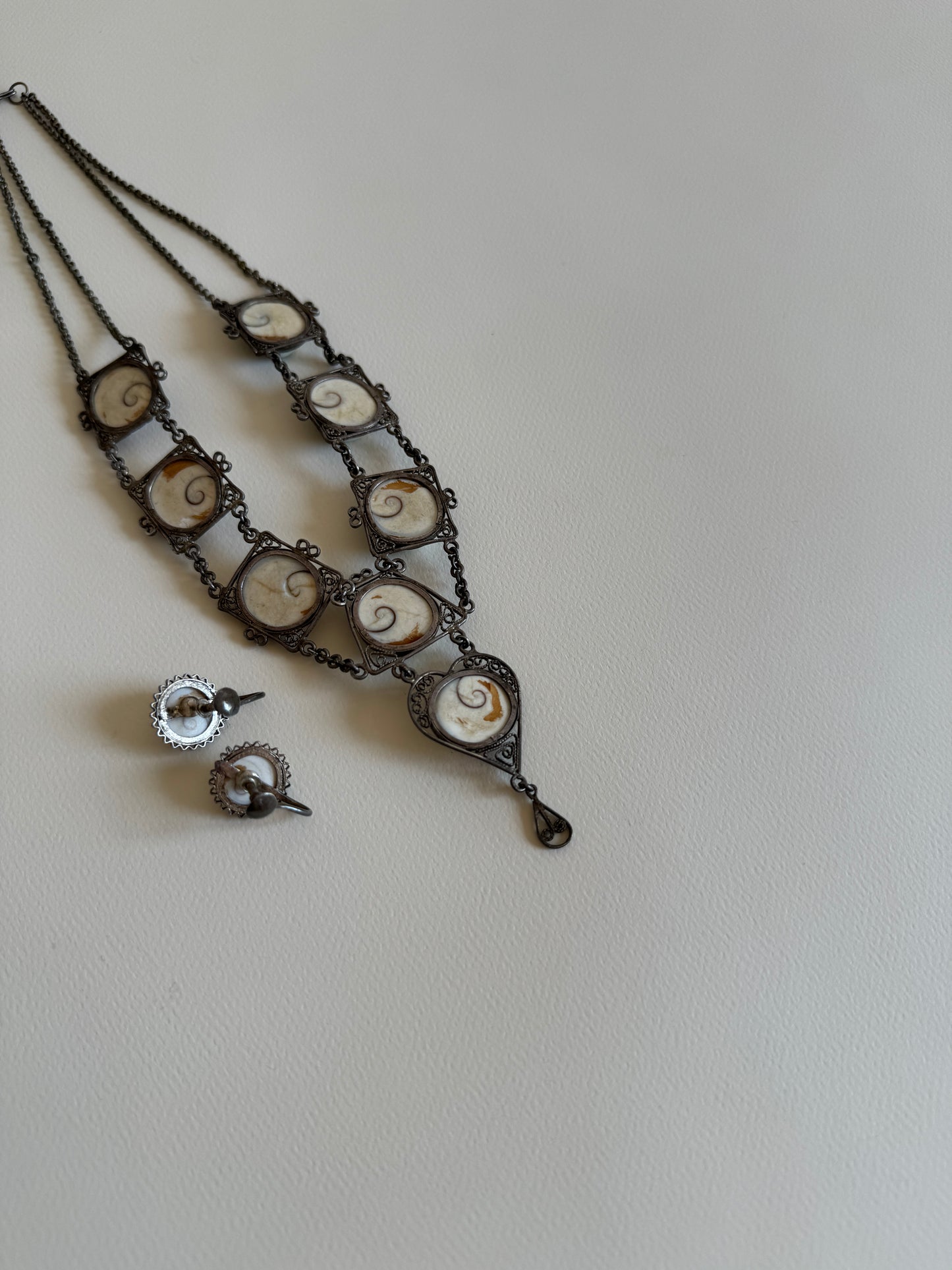 Late 19th c. Operculum Shell Necklace and Earring Set